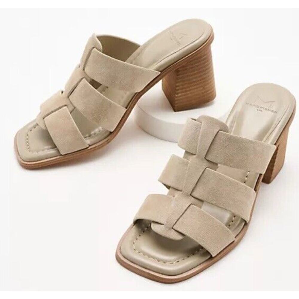 New Marc Fisher LTD Louisa Leather Block Heel Slip On‎ Mules Woven Gray Size 11M